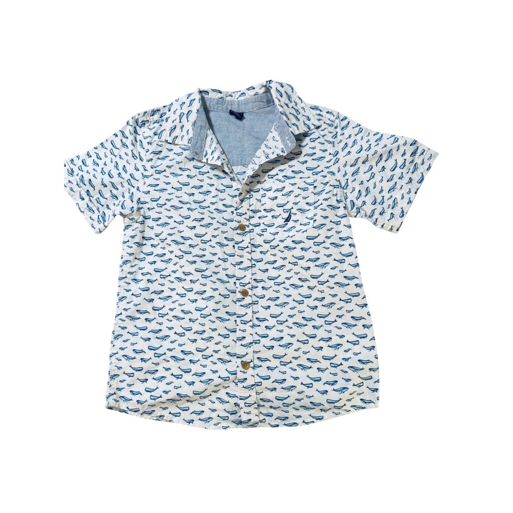 Nautica Size 7 Boy Short Sleeve Whale White Blue Button Up Shirt Cotton Blend